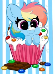 Size: 1535x2048 | Tagged: safe, artist:kittyrosie, derpibooru import, rainbow dash, pegasus, pony, chocolate, cupcake, cute, dashabetes, female, food, frosting, heart, heart eyes, m&m's, mare, ponies in food, solo, sprinkles, striped background, wholesome, wingding eyes