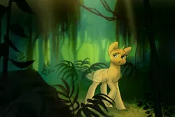 Size: 3000x2000 | Tagged: safe, artist:klooda, derpibooru import, pony, advertisement, any race, commission, detailed, detailed background, female, fern, generic pony, green background, jungle, leaves, looking at you, mare, open mouth, path, plant, rock, simple background, solo, sun ray, sunshine, tree, walking, ych example, ych sketch, your character here