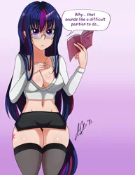 Size: 2550x3300 | Tagged: suggestive, artist:manhunterj, derpibooru import, twilight sparkle, human, book, breasts, busty twilight sparkle, cleavage, clothes, dialogue, female, glasses, high res, horn, horned humanization, humanized, older, older twilight, signature, skirt, socks, solo, speech bubble, stockings, thigh highs