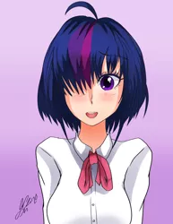 Size: 1583x2048 | Tagged: safe, alternate version, artist:manhunterj, derpibooru import, twilight sparkle, human, alternate hairstyle, anime, dialogue, female, haircut, hair over one eye, humanized, open mouth, short hair, signature, solo