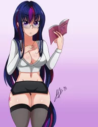 Size: 1583x2048 | Tagged: suggestive, alternate version, artist:manhunterj, derpibooru import, twilight sparkle, human, absolute cleavage, book, breasts, busty twilight sparkle, cleavage, clothes, cutie mark on human, dialogue, female, glasses, high res, humanized, older, older twilight, signature, skirt, socks, solo, stockings, thigh highs