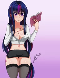 Size: 1583x2048 | Tagged: suggestive, alternate version, artist:manhunterj, derpibooru import, twilight sparkle, human, book, breasts, busty twilight sparkle, cleavage, clothes, cutie mark on human, dialogue, female, glasses off, high res, humanized, older, older twilight, signature, skirt, socks, solo, stockings, thigh highs