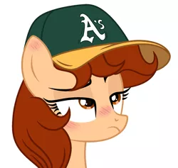 Size: 1665x1581 | Tagged: safe, artist:lazuli, artist:rioshi, artist:starshade, derpibooru import, oc, oc:vanilla creame, unofficial characters only, pegasus, pony, alcohol, baseball cap, beer, cap, hat, oakland athletics, shadow, simple background, solo, white background