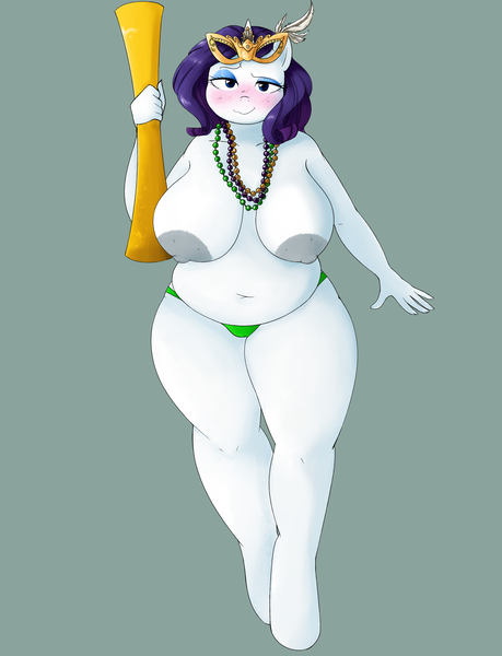 Size: 2600x3400 | Tagged: questionable, artist:breezietype, derpibooru import, rarity, anthro, unguligrade anthro, unicorn, areola, beads, big areola, big breasts, breasts, busty rarity, chubbity, chubby, clothes, cup, drunk, drunk rarity, fat, female, mardi gras, mask, nipples, nudity, partial nudity, plump, raritubby, saggy breasts, thick, this will end in tears, topless, weight gain, weight gain sequence