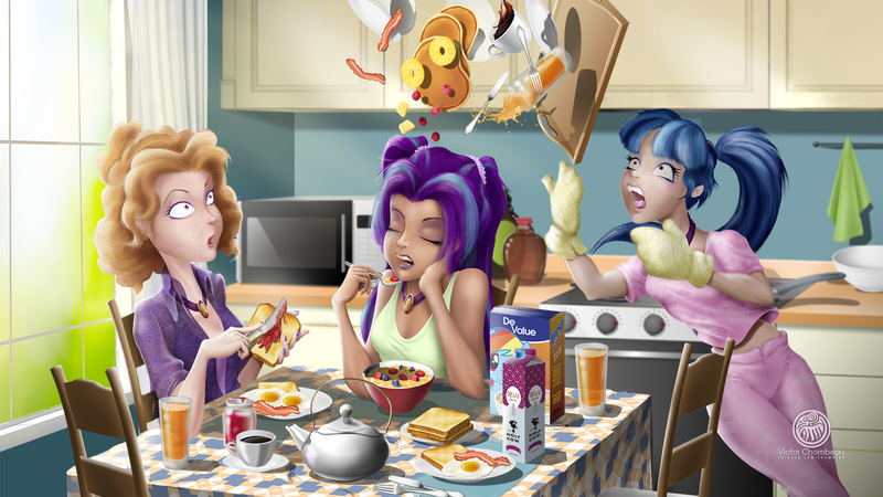 Size: 1920x1080 | Tagged: safe, artist:chombeau, derpibooru import, adagio dazzle, aria blaze, sonata dusk, human, equestria girls, bacon, bread, breakfast, cereal, cereal box, clothes, egg, egg (food), female, food, humanized, imminent disaster, jam, kitchen, meat, milk, milk carton, oops, oven mitts, pancakes, signature, sleeveless, surprised, syrup, table, tablecloth, tanktop, the dazzlings, this will end in death, this will end in pain, this will not end well, toast, tray, trio