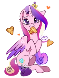 Size: 1024x1354 | Tagged: safe, artist:lailyren, derpibooru import, princess cadance, alicorn, pony, :3, blushing, cute, cutedance, digital art, female, food, heart, looking at you, mare, one ear down, signature, simple background, smiling, solo, transparent background, waffle