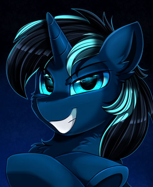 Size: 1446x1764 | Tagged: safe, artist:pridark, derpibooru import, oc, oc:blue glow, pony, unicorn, blue eyes, bust, commission, handsome, looking at you, male, portrait, smiling, solo