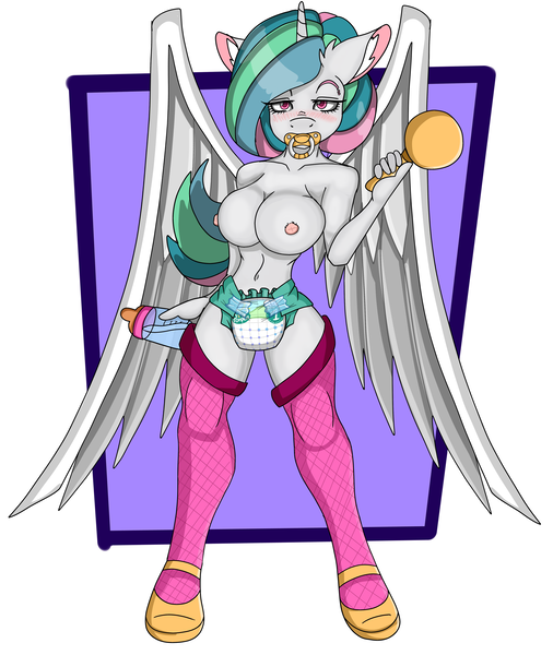 Size: 4162x4940 | Tagged: abdl, adult foal, alicorn, anthro, artist:cuddlelamb, baby bottle, blushing, booties, breasts, busty princess celestia, clothes, derpibooru import, diaper, diaper fetish, ear fluff, female, fetish, nipples, non-baby in diaper, nudity, pacifier, partial nudity, princess celestia, questionable, rattle, socks, solo, solo female, thigh highs, topless