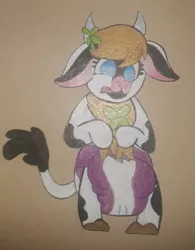 Size: 720x923 | Tagged: safe, artist:chewy-tartz, artist:fluffernutters16, derpibooru import, oc, oc:lucky, cow, bandana, calf, confused, cow oc, diaper, diaper fetish, fetish, holstein, horns, non-baby in diaper, poofy diaper, shamrock, solo