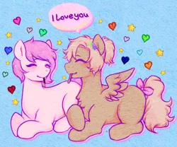 Size: 2000x1666 | Tagged: safe, artist:poofindi, derpibooru import, oc, oc:kayla, oc:mary jane, unofficial characters only, earth pony, pegasus, pony, blushing, bow, duo, eating, eyes closed, female, food, heart, kayry, lesbian, mare, oc x oc, palindrome get, pocky, ponytail, prone, shipping, simple background, tail bow, text