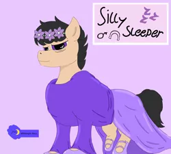 Size: 5000x4500 | Tagged: safe, artist:midnight_mare, derpibooru import, earth pony, pony, bags under eyes, blouse, clothes, crossdressing, dress, flower, flower in hair, gift art, long dress, male, meta, purple background, request, shoes, simple background, skirt, soft color, solo, stallion, tired, trap, twitter