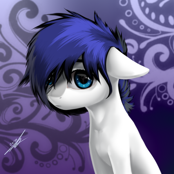 Size: 2500x2500 | Tagged: safe, artist:thatdreamerarts, derpibooru import, oc, oc:ink glow, oc:isaac pony, unofficial characters only, earth pony, pony, background pony, blue eyes, blue mane, cute, eyebrows visible through hair, light, looking at you, male, shy, snow, solo, white skin