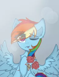 Size: 1700x2200 | Tagged: safe, artist:memengla, derpibooru import, rainbow dash, pegasus, pony, ;p, female, flower, one eye closed, rose, solo, tongue out, wink