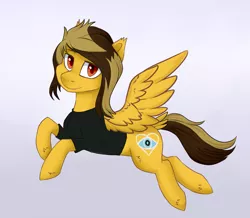 Size: 2029x1771 | Tagged: safe, artist:haruhi-il, derpibooru import, ponified, pegasus, pony, alex gaskarth, all time low, butt fluff, clothes, commission, dyed mane, dyed tail, ear fluff, flying, gradient background, hoof fluff, looking at you, male, shirt, solo, spread wings, stallion, t-shirt, tail feathers, wings, ych result