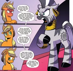Size: 994x980 | Tagged: safe, artist:andypriceart, derpibooru import, idw, applejack, zecora, earth pony, pony, zebra, spoiler:comic, spoiler:comic89, angry, comic drama, female, implied pear butter, mare, not rhyming, ooc is serious business, out of character, season 10, shit just got real, when she doesn't rhyme