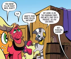 Size: 587x487 | Tagged: safe, artist:andypriceart, derpibooru import, idw, apple bloom, applejack, big macintosh, zecora, earth pony, pony, zebra, spoiler:comic, spoiler:comic89, barrel, crate, crying, female, filly, male, mare, offscreen character, rope, season 10, stallion, teary eyes