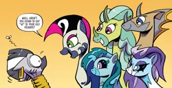 Size: 994x509 | Tagged: safe, artist:andypriceart, derpibooru import, idw, cactus rose, crystal (character), dust devil (comic), marini, medley brook, zecora, abada, kelpie, pony, zebra, spoiler:comic, spoiler:comic89, female, floppy ears, horn, male, mare, multiple horns, nonbinary, season 10, shrunken pupils, stunned