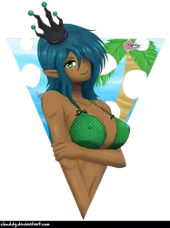 Size: 925x1239 | Tagged: suggestive, alternate version, artist:clouddg, derpibooru import, queen chrysalis, human, equestria girls, bikini, bikini top, breasts, busty queen chrysalis, clothes, crown, erect nipples, female, humanized, jewelry, nipple outline, nudity, regalia, reversalis, simple background, swimsuit, transparent background