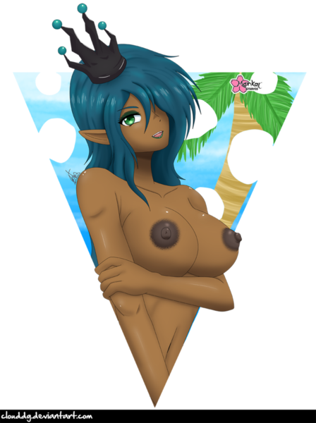 Size: 925x1239 | Tagged: questionable, alternate version, artist:clouddg, derpibooru import, queen chrysalis, human, equestria girls, breasts, busty queen chrysalis, crown, female, humanized, jewelry, nipples, nudity, regalia, reversalis, simple background, transparent background