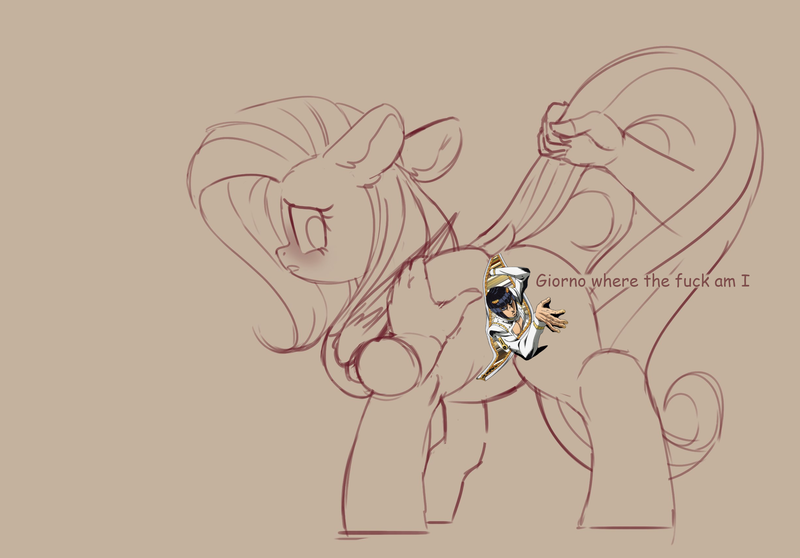 Size: 2452x1710 | Tagged: suggestive, artist:yoditax, derpibooru import, edit, editor:dickard, fluttershy, pegasus, pony, blessed image, blursed image, blushing, bruno buccellati, cursed image, disembodied hand, dock, female, hand, is this a jojo refrence?, jojo's bizarre adventure, looking back, meme, monochrome, raised tail, simple background, spreading, tail, tail pull, text, vento aureo, vulgar, wat, wings, zipper