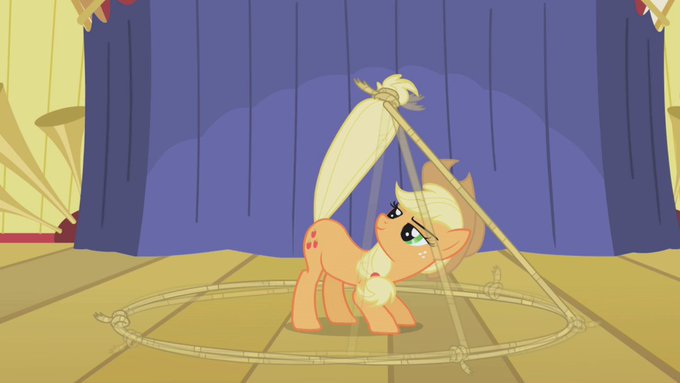 Size: 680x383 | Tagged: safe, derpibooru import, screencap, applejack, earth pony, pony, boast busters, applejack's hat, cowboy hat, female, hat, lasso, mare, rope, stage