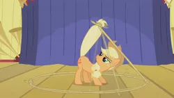 Size: 680x383 | Tagged: safe, derpibooru import, screencap, applejack, earth pony, pony, boast busters, applejack's hat, cowboy hat, female, hat, lasso, mare, rope, stage