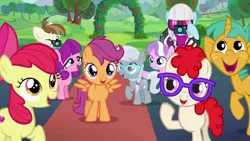 Size: 680x383 | Tagged: safe, derpibooru import, screencap, apple bloom, diamond tiara, featherweight, lily longsocks, photo finish, scootaloo, silver spoon, snails, sweetie belle, twist, earth pony, pegasus, pony, unicorn, the mane attraction, camera, carpet, colt, cutie mark, cutie mark crusaders, female, filly, male, red carpet, the cmc's cutie marks