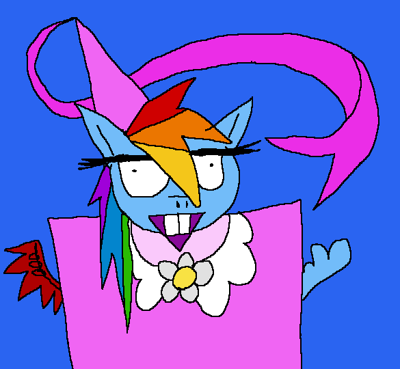 Size: 585x540 | Tagged: artist needed, safe, derpibooru import, rainbow dash, pegasus, pony, 1000 hours in ms paint, bucktooth, clothes, dress, female, rainbow dash always dresses in style, solo, stylistic suck, unibrow, wat, wtf