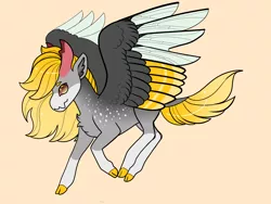 Size: 2800x2100 | Tagged: safe, artist:loryska, derpibooru import, oc, changepony, hybrid, cloven hooves, colored wings, hybrid wings, interspecies offspring, multicolored wings, offspring, orange background, parent:derpy hooves, parent:pharynx, simple background, solo, transparent background, wings