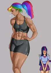 Size: 2480x3508 | Tagged: suggestive, artist:nire, derpibooru import, rainbow dash, sci-twi, twilight sparkle, human, equestria girls, abs, athletic, big breasts, blushing, blushing profusely, breasts, clothes, curvy, female, females only, hand on hip, heart eyes, heartbeat, lesbian, muscles, muscular female, rainbuff dash, shipping, skirt, sweat, twidash, wingding eyes