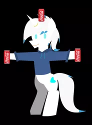 Size: 2125x2883 | Tagged: safe, artist:samsailz, derpibooru import, oc, unofficial characters only, unicorn, bipedal, black background, can, coca-cola, drink, jewelry, ring, simple background, smiling, soda, solo, t pose