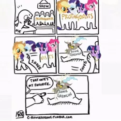 Size: 736x732 | Tagged: safe, derpibooru import, editor:theedgyduck, applejack, discord, pinkie pie, rarity, twilight sparkle, draconequus, pony, comic, comic edit, female, male, mare, meme