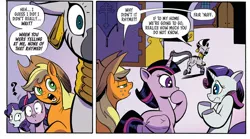 Size: 1682x936 | Tagged: safe, artist:andypriceart, derpibooru import, idw, applejack, rarity, twilight sparkle, twilight sparkle (alicorn), zecora, alicorn, earth pony, pony, unicorn, zebra, spoiler:comic, spoiler:comic89, cropped, lampshade hanging, question mark, season 10, shrug, shrunken pupils