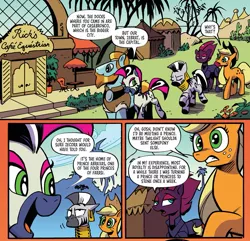 Size: 1919x1849 | Tagged: safe, artist:andypriceart, derpibooru import, idw, applejack, marini, rockhoof, tempest shadow, zecora, earth pony, pony, unicorn, zebra, spoiler:comic, spoiler:comic89, applejack's hat, armor, casablanca, chair, cowboy hat, female, hat, male, mare, season 10, stallion, table, umbrella