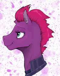 Size: 1024x1295 | Tagged: safe, artist:rachelmacready, derpibooru import, fizzlepop berrytwist, tempest shadow, pony, unicorn, broken horn, female, horn, mixed media, smiling, solo