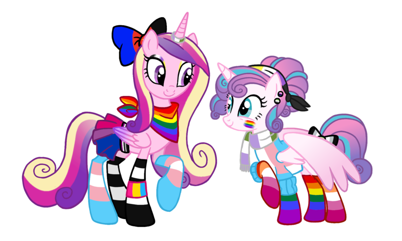 Size: 1800x1080 | Tagged: safe, artist:flipwix, derpibooru import, princess cadance, princess flurry heart, alicorn, pony, agender pride flag, alternate hairstyle, asexual pride flag, bandana, belt, bisexual pride flag, bow, clothes, ear piercing, earring, eyeshadow, face paint, female, gay pride, gay pride flag, genderfluid pride flag, genderqueer pride flag, hair bow, horn, horn ring, jewelry, lesbian pride flag, looking at each other, makeup, mare, mother and child, mother and daughter, nonbinary pride flag, older, older flurry heart, pansexual pride flag, piercing, polyamory pride flag, pride, pride flag, rainbow socks, raised hoof, ring, scarf, simple background, skirt, socks, straight pride flag, striped socks, striped sweater, sweater, tail bow, transgender pride flag, transparent background, wall of tags, wristband