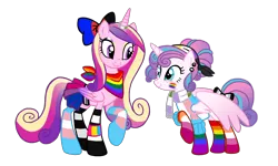 Size: 1800x1080 | Tagged: safe, artist:flipwix, derpibooru import, princess cadance, princess flurry heart, alicorn, pony, agender pride flag, alternate hairstyle, asexual pride flag, bandana, belt, bisexual pride flag, bow, clothes, ear piercing, earring, eyeshadow, face paint, female, gay pride, gay pride flag, genderfluid pride flag, genderqueer pride flag, hair bow, horn, horn ring, jewelry, lesbian pride flag, looking at each other, makeup, mare, mother and child, mother and daughter, nonbinary pride flag, older, older flurry heart, pansexual pride flag, piercing, polyamory pride flag, pride, pride flag, rainbow socks, raised hoof, ring, scarf, simple background, skirt, socks, straight pride flag, striped socks, striped sweater, sweater, tail bow, transgender pride flag, transparent background, wall of tags, wristband