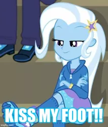 Size: 500x586 | Tagged: safe, derpibooru import, trixie, equestria girls, equestria girls series, caption, feet, fetish, foot fetish, image macro, meme, text, trixie yells at everything