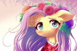 Size: 1280x854 | Tagged: safe, artist:symbianl, derpibooru import, fluttershy, pegasus, blushing, chest fluff, clothes, cute, female, flower, flower in hair, hime cut, kimono (clothing), leaves in hair, shyabetes, solo, weapons-grade cute