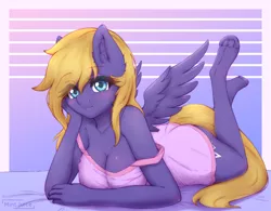 Size: 3543x2769 | Tagged: suggestive, artist:mintjuice, derpibooru import, oc, oc:cloud quake, unofficial characters only, anthro, pegasus, unguligrade anthro, anthro oc, blushing, breasts, clothes, commission, ear fluff, female, hooves, image, looking at you, png, room, smiling, solo, solo female, underhoof, ych result