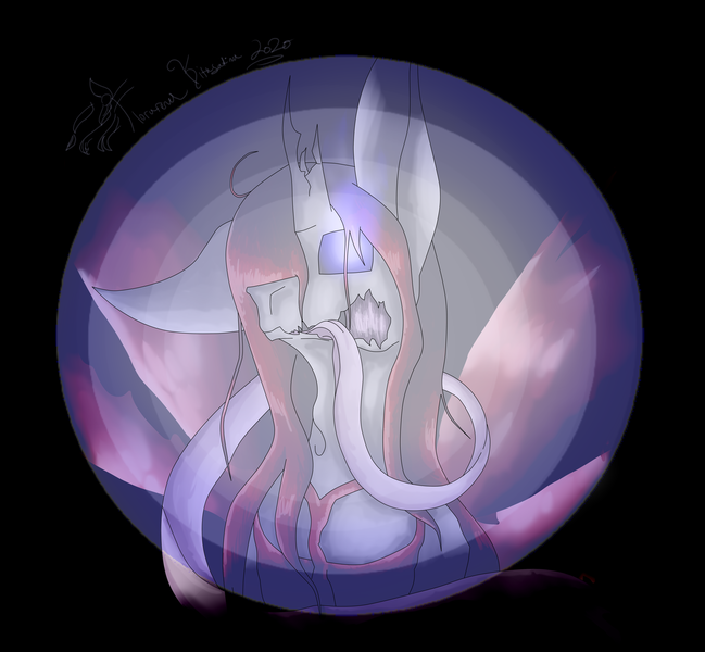 Size: 5289x4889 | Tagged: questionable, artist:florarena-kitasatina/dragonborne fox, derpibooru import, oc, oc:katie rubywing, unofficial characters only, absurd resolution, broken horn, cel shading, first person light source, glasgow smile, glowing eyes, horn, multiple wings, shading, signature, tongue out, watermark, wings, wraith