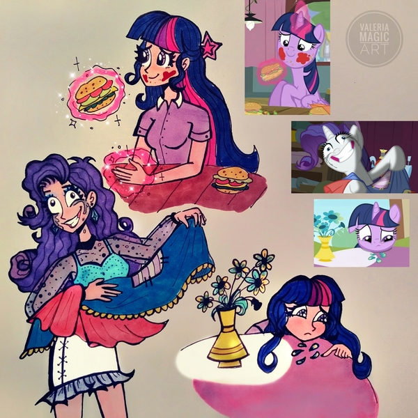 Size: 2000x2000 | Tagged: safe, artist:valeriamagicart, derpibooru import, rarity, twilight sparkle, twilight sparkle (alicorn), alicorn, human, pony, unicorn, fame and misfortune, the ticket master, twilight time, burger, food, hay burger, humanized, marshmelodrama, mascarity, messy eating, messy hair, messy mane, rarity being rarity, scene interpretation, screencap reference, twilight burgkle, unicorn twilight, why i'm creating a gown darling