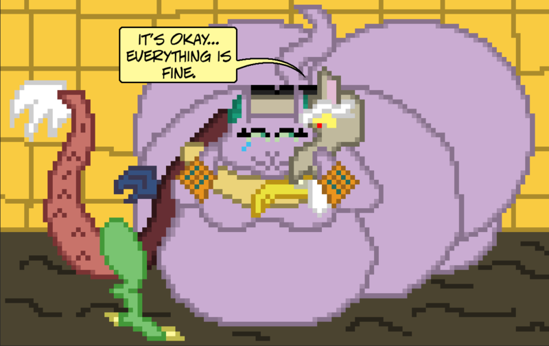 Size: 1177x741 | Tagged: ancient anugypt, artist:jacalope, baast, baastcord, blob, cat, comforting, derpibooru import, discord, draconequus, fat, female, hug, male, morbidly obese, obese, pixel art, questionable, shipping, straight