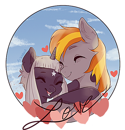 Size: 416x433 | Tagged: safe, artist:serbhka, derpibooru import, oc, oc:scarr, oc:serbhka, unofficial characters only, pegasus, pony, unicorn, eyes closed, female, floating heart, heart, love, male, mare, open mouth, shipping, simple background, stallion, straight, transparent background