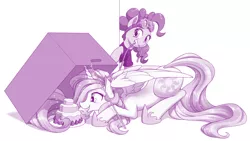Size: 1600x900 | Tagged: safe, artist:dstears, derpibooru import, pinkie pie, princess celestia, alicorn, earth pony, box, cake, cakelestia, crouching, cute, cutelestia, dock, food, goggles, monochrome, mouth hold, open mouth, pinkie spy, sillestia, silly, spy, that princess sure does love cake, this will end in a trip to the moon, this will end in tears and/or a journey to the moon, trap (device)