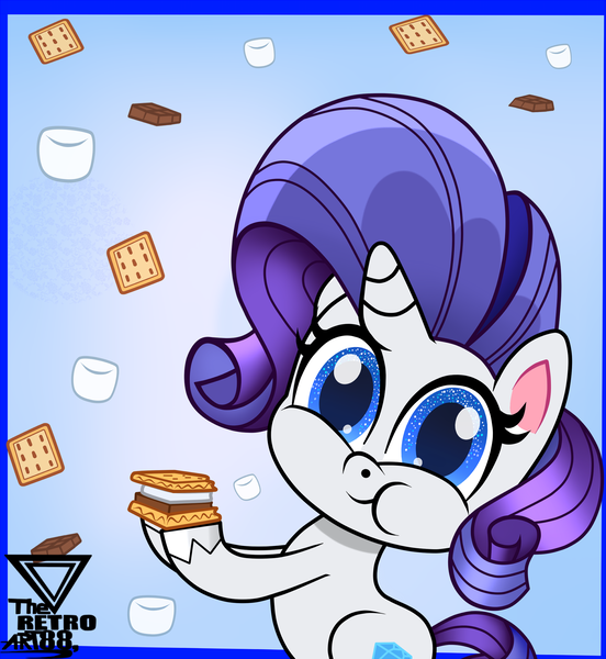 Size: 2000x2173 | Tagged: safe, artist:theretroart88, derpibooru import, rarity, pony, unicorn, my little pony: pony life, chocolate, cookie, cute, eating, female, food, graham cracker, looking at you, mare, marshmallow, raribetes, rarity is a marshmallow, s'mores, solo