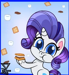 Size: 2000x2173 | Tagged: safe, artist:theretroart88, derpibooru import, rarity, pony, unicorn, my little pony: pony life, chocolate, cookie, cute, eating, female, food, graham cracker, looking at you, mare, marshmallow, raribetes, rarity is a marshmallow, s'mores, solo