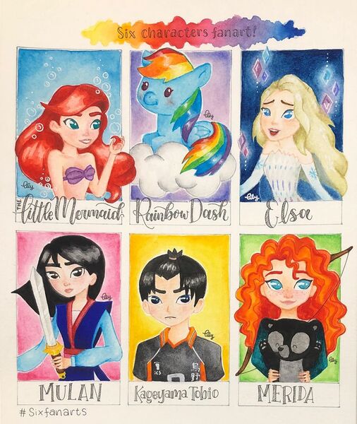 Size: 1080x1280 | Tagged: safe, alternate version, artist:watercolour.lily, derpibooru import, rainbow dash, human, mermaid, pegasus, pony, six fanarts, ariel, bra, brave (movie), bust, clothes, cloud, crossover, elsa, female, frozen (movie), mare, merida, mulan, on a cloud, prone, sword, the little mermaid, underwear, weapon