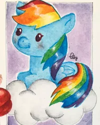 Size: 1080x1350 | Tagged: safe, alternate version, artist:watercolour.lily, derpibooru import, rainbow dash, pegasus, pony, cloud, female, haikyuu, male, mare, on a cloud, prone, signature, smiling, solo, tobio kageyama