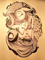 Size: 768x1024 | Tagged: safe, artist:sigilponies, derpibooru import, fluttershy, pegasus, pony, chest fluff, curled up, eyes closed, female, floppy ears, hoof fluff, mare, profile, shoulder fluff, side, smiling, solo, stray strand, traditional art, wings